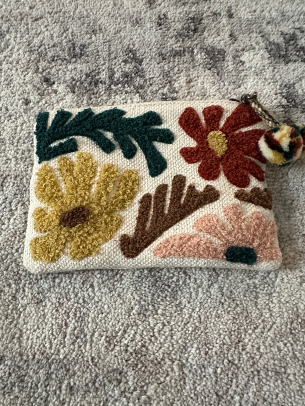Floral Tufted Pouch - Cream Base with Mustard, Rust & Green